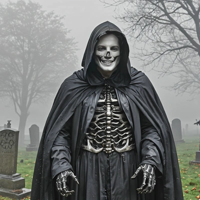 in a grim reaper costume, standing in a foggy graveyard with a long black cloak flowing behind, half body 
