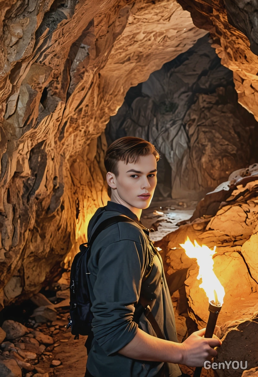A tourist exploring an ancient cave system with torches, half body portait