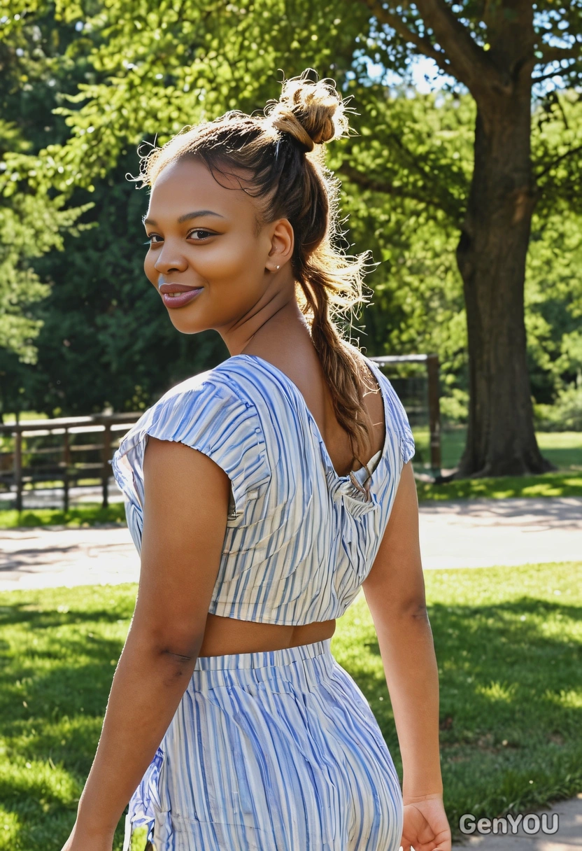 dressed in summer clothing walking in a sunlit park, hair tied back