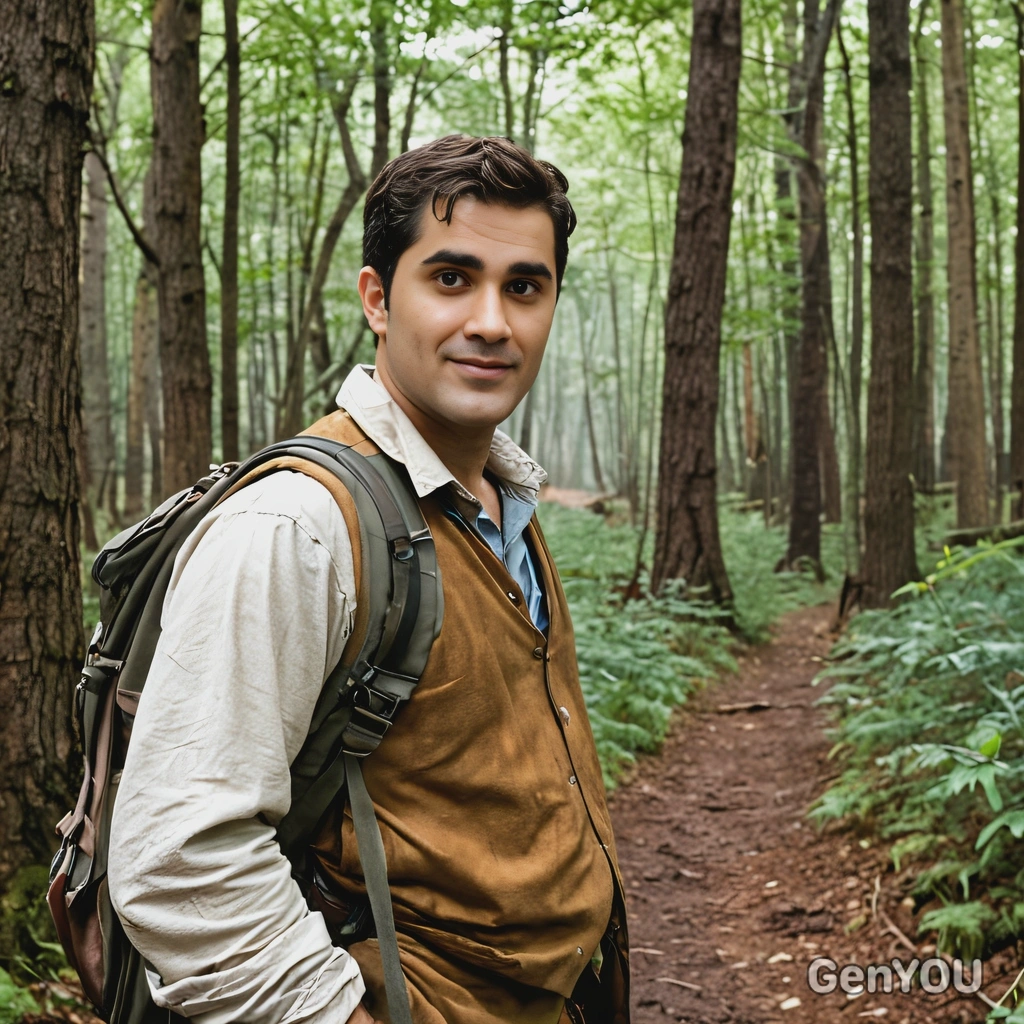 A traveler tracing the path of a historical expedition through a dense woodland, half body portait