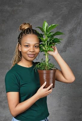 as a 90s eco-club member holding a pot plant, posed against a classic yearbook backdrop, half-body portrait, braided hair 