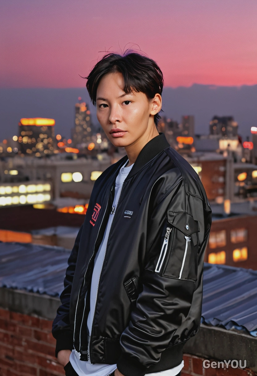 as Chanyeol from EXO, black bomber jacket, urban rooftop setting, sunset, blurred background, neon lights, symmetrical details