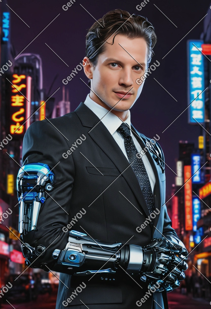 A cyberpunk human businessman with a cybernetic arm under his business suit, cyberware, neon city light on the background, half body portait 