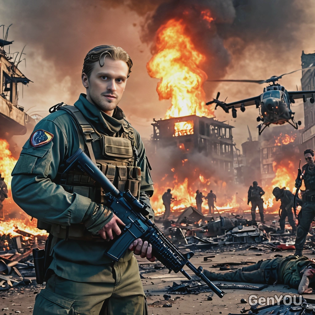 as a soldier, zombie apocalypse, military uniform, rifle in hands, surrounded by big evil zombies, shabby destroyed burning city, looking directly at camera, helicopters in air, vivid colors, late evening, high-quality cinematographic style