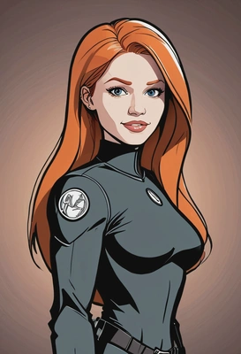 Hand-drawn flat cartoon style, Kim Possible, bold smooth outlines, bright mission lighting, waist-up portrait, secret lair background