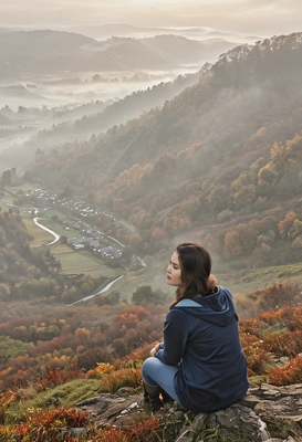 sitting on a hill, the autumn mist rise from the valley below