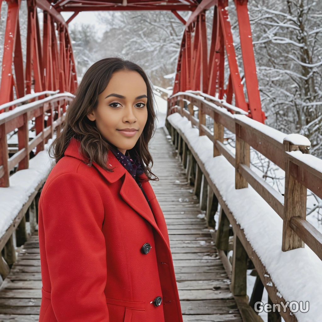 in a red coat, on a snow-covered bridge, mid-shot, looking at viewer 