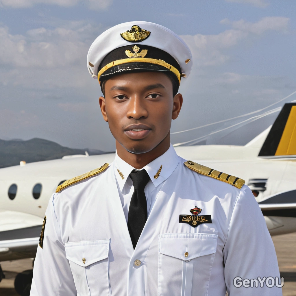 as a pilot in a crisp white uniform with gold epaulettes and a cap
