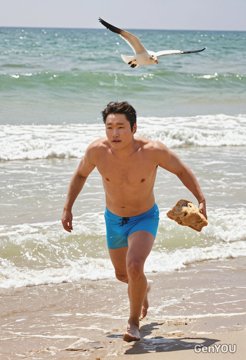 in a swimsuit, at a sunny beach, playing tag of war with a huge seagull with a piece of bread, blurred background