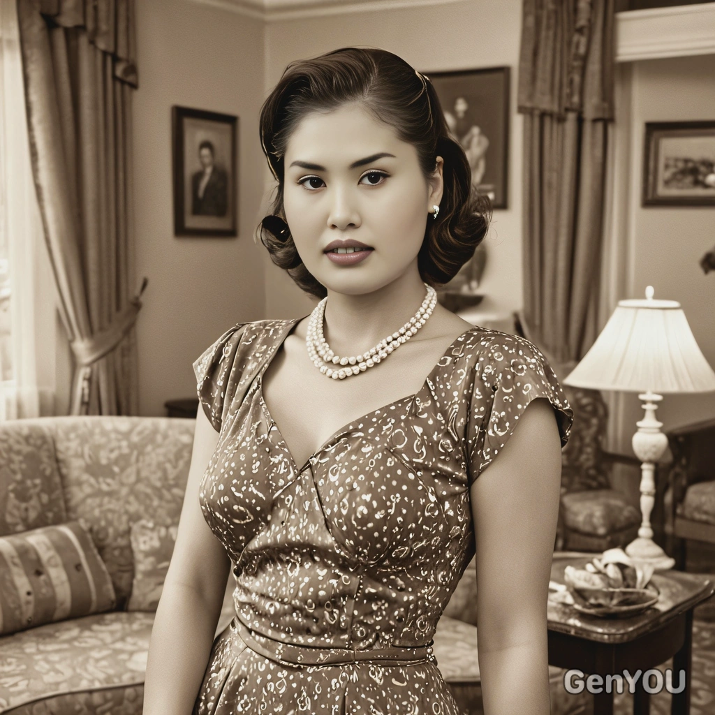 smiling, posing in a 1940s living room, wearing a vintage dress and pearls, with a sepia effect enhancing the warm atmosphere