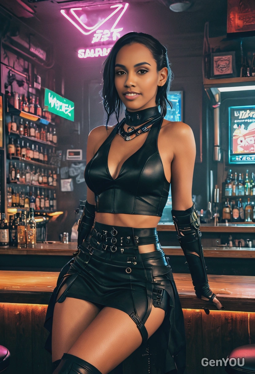 sitting at a small bar in a dimly lit room, cyberpunk outfit