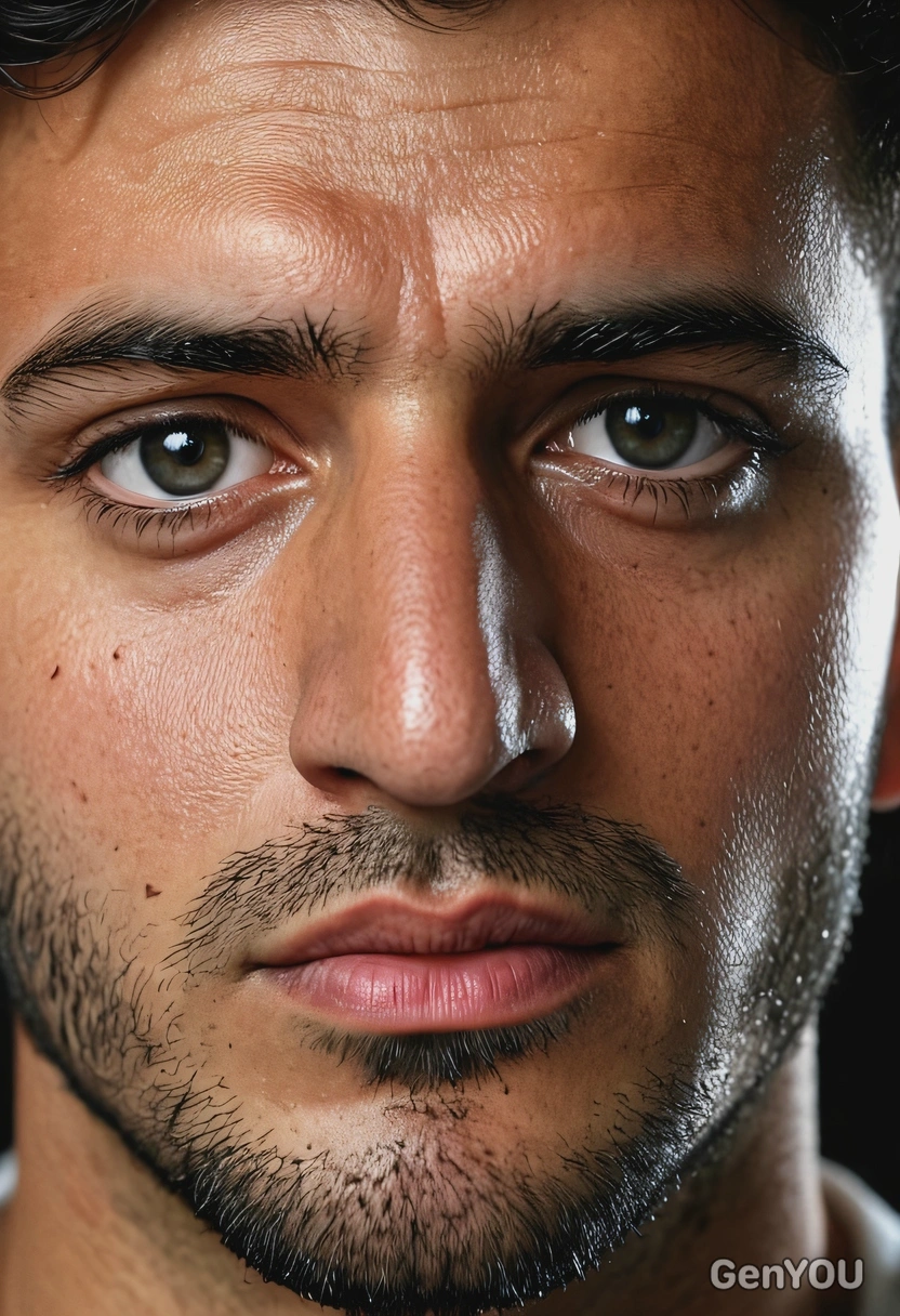 Create a cinematic portrait, shot with a 50mm lens, super realistic. High detail, dramatic lighting, shallow depth of field, noir film atmosphere. Focus on the eyes, skin texture, and emotional expression.