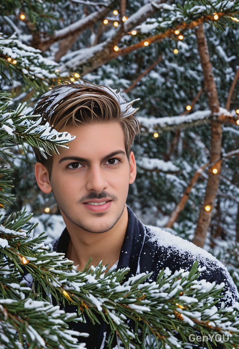 by fairy lights wrapped around a snowy pine