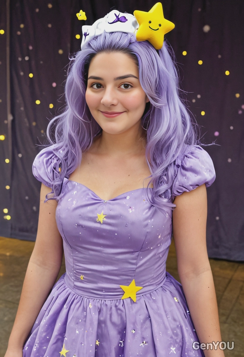 dressed as Lumpy Space Princess from Adventure time, purple hair, a fluffy lush lilac dress, a yellow star on the forehead, blurry lights in the background, full-body image