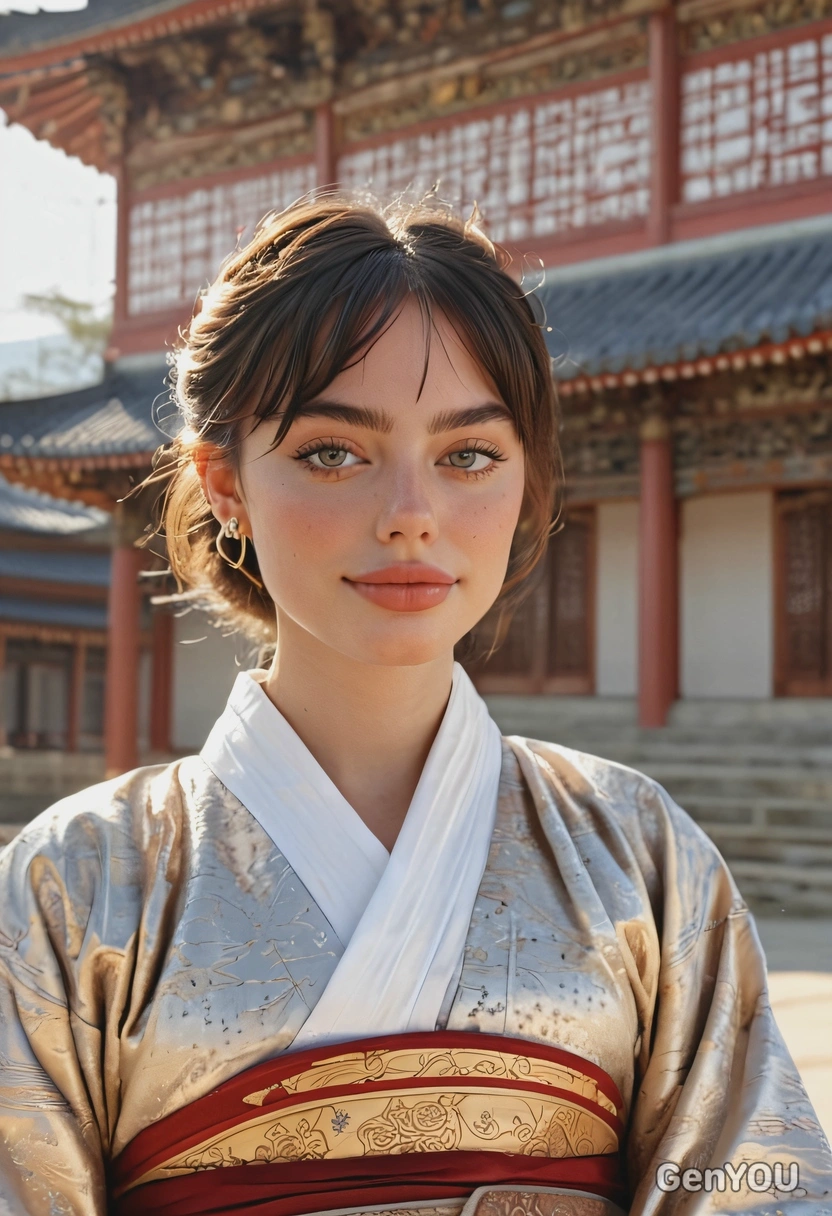 hyperralistic face skin texture details, sunkissed cheeks, freckles on the cheeks, in the style of Jeoson empress, wearing a royal long hanbok, standing next to the Buddhist altair, blurry Buddhist temple hall background, bright sun rays