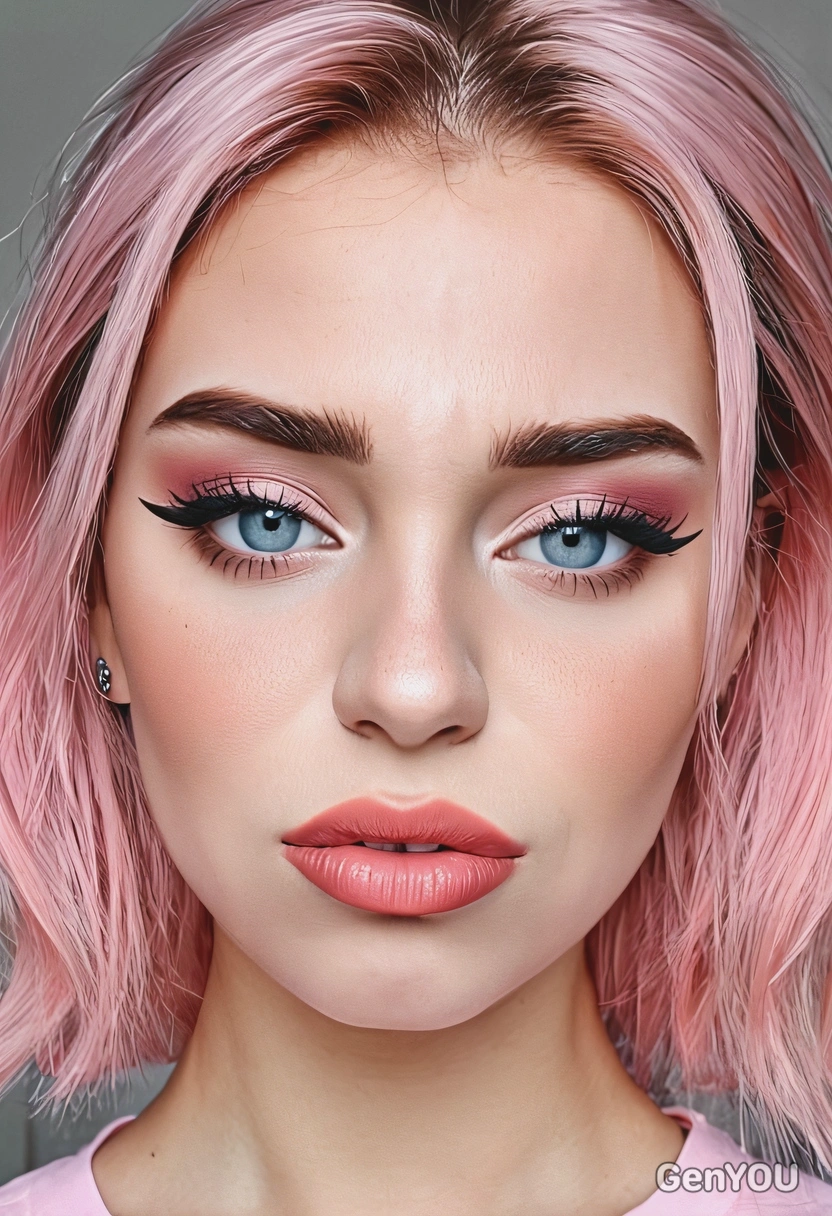 with an e-girl makeup look, bold eyeliner, pastel eyeshadows, rosy cheeks, matte lips, shimmer, cute, internet famous