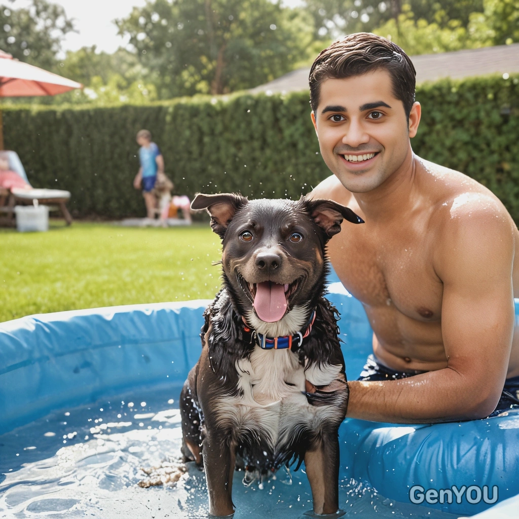 hosting a summer pool party, his dog splashing in a shallow kiddie pool, soft focus, blurred background