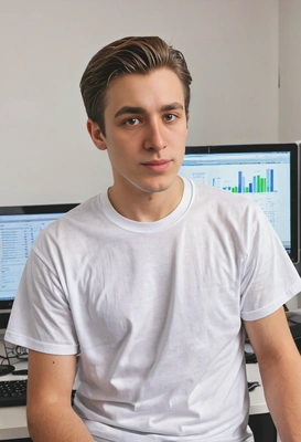 A professional, analyzing data on a computer, looking into the camera, white t-shirt, blurred background