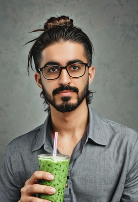 drinking smoothie, long hair in updo, artistic photo, symmetrical details, eyeglasses, sharp cheekbones