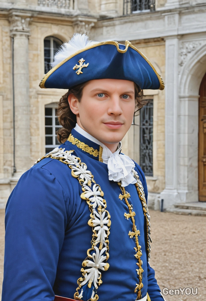 as a French musketeer, in a blue tabard with a white cross, standing confidently, in front of a 17th-century palace