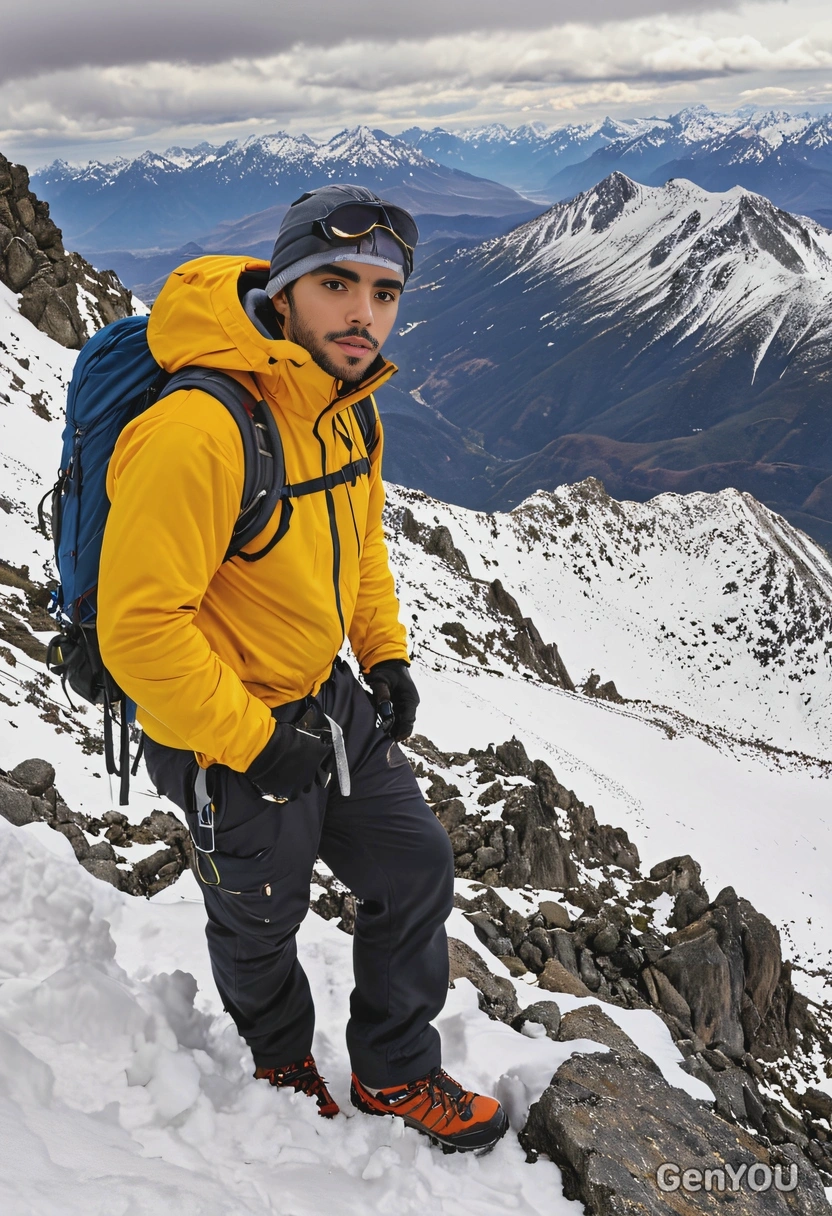 as a mountain climber, reaching the summit of a snow-capped peak, with a panoramic view of a rugged mountain range