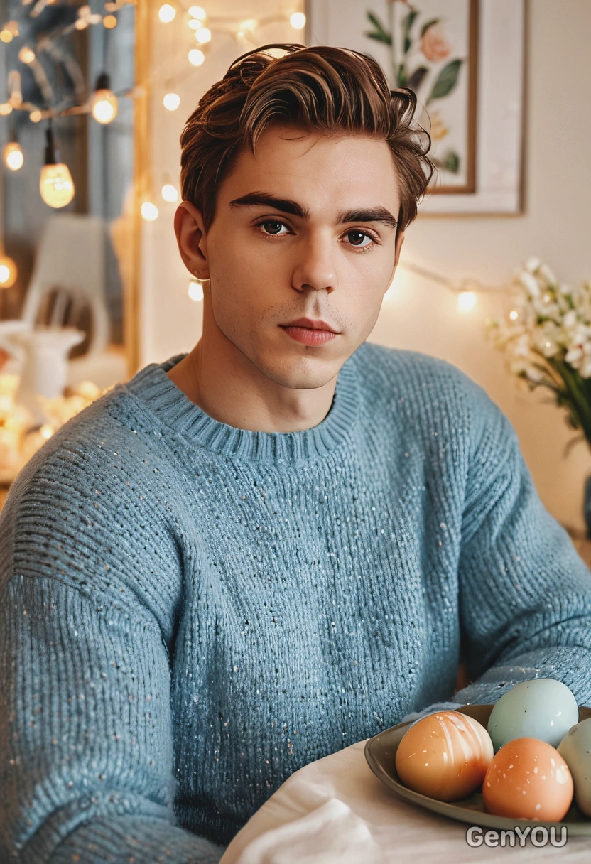iPhone camera quality, sharp skin texture details, porcelain skin tone, mid-body photo, dreamy look, in an oversized blue pastel fluffy sweater, sitting at a brunch table with painted easter eggs, blurred glowing bulbs evening background, golden hour