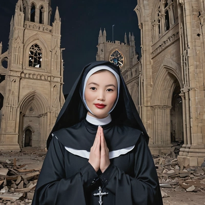 as a gothic nun, standing in front of a ruined cathedral with eerie, night time