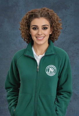 student with natural curls, in a green zip-up fleece jacket, with a warm smile, blue yearbook background 