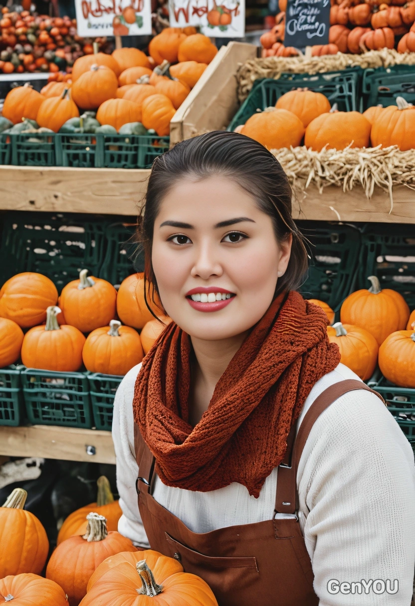 a farmer’s market vendor, lifestyle photography, eyes on you, smiling, autumn aesthetic, pumpkins
