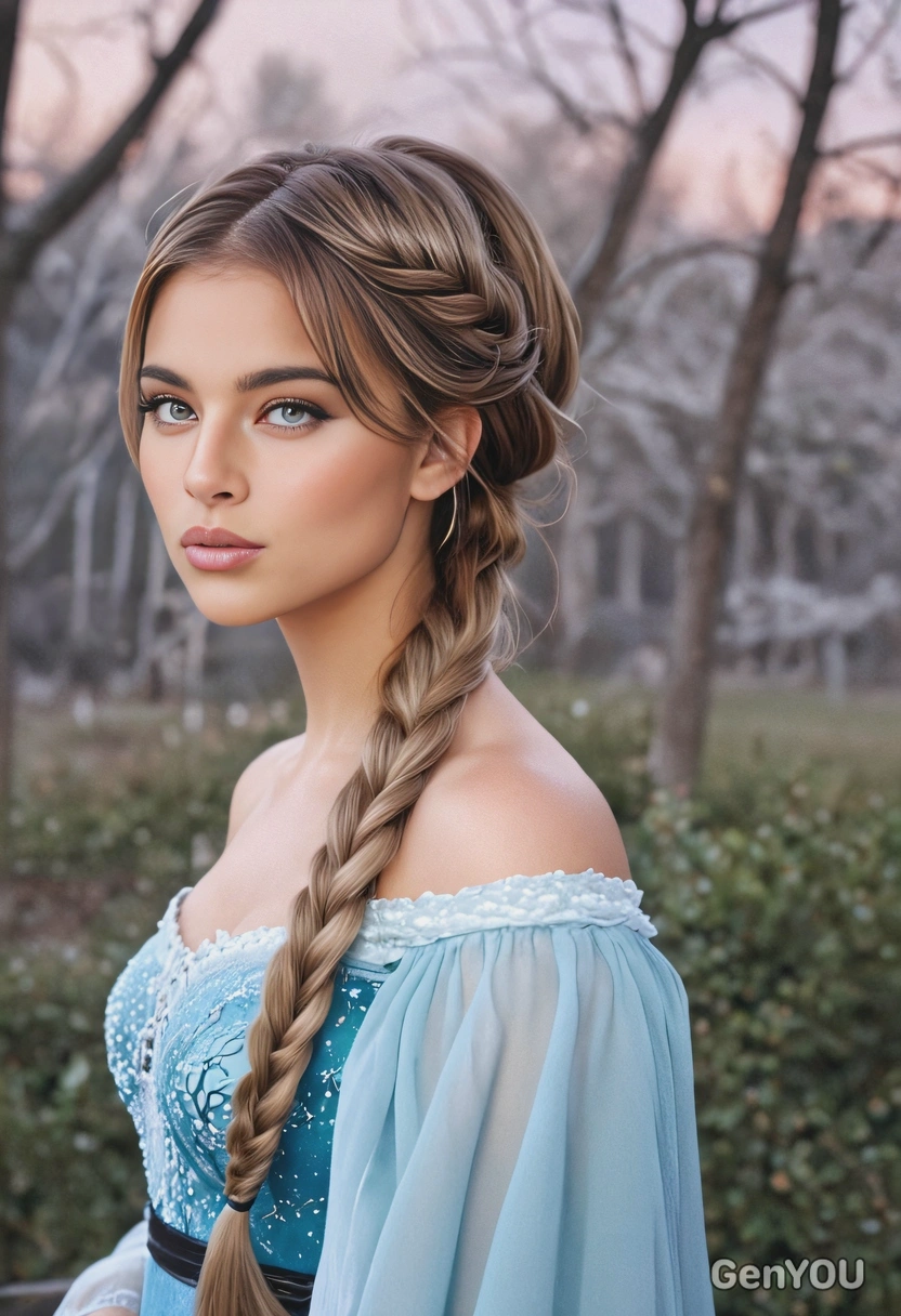 long, loose braid with an ethereal glow, inspired by Elsa from Frozen, soft focus, blurred background