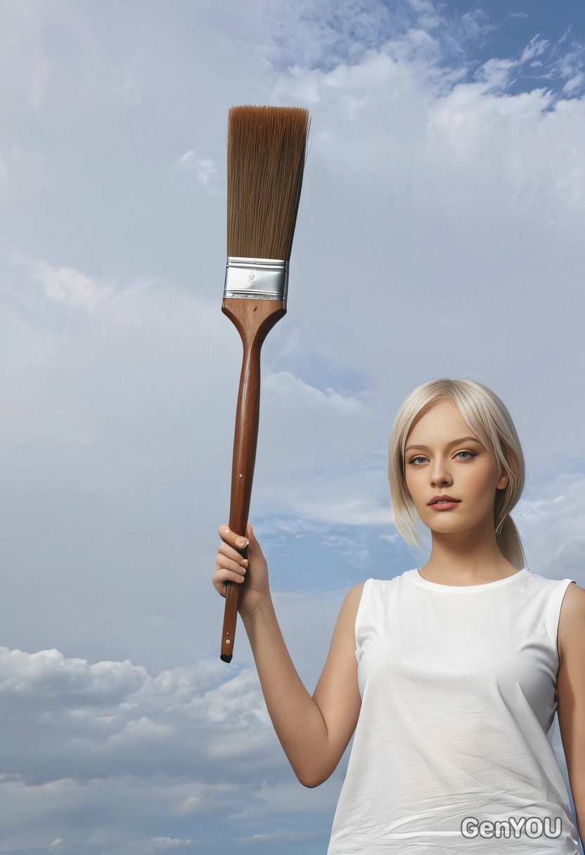 holding a giant paintbrush in front of a blank sky