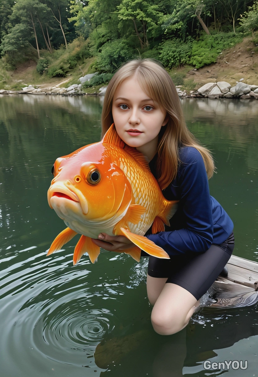 riding a giant goldfish like a horse, staring straight ahead