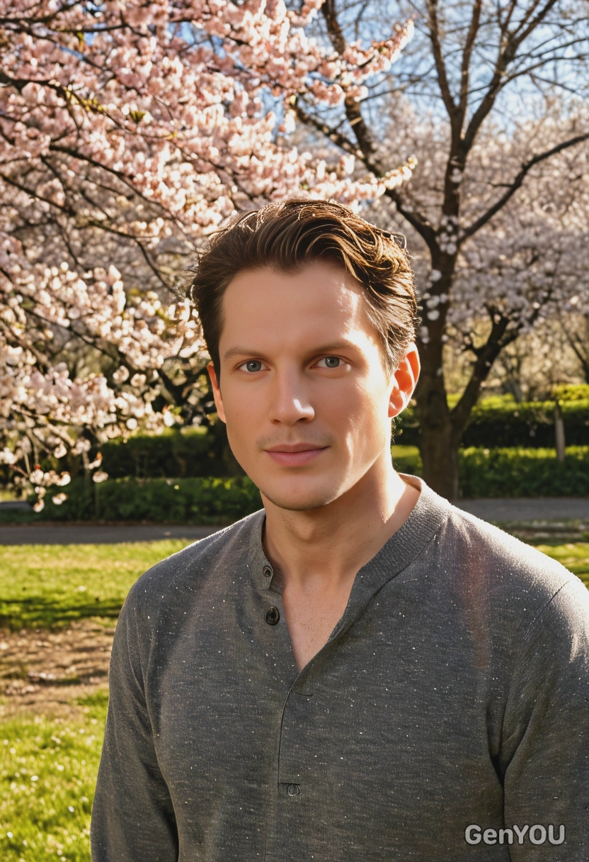 a man standing through a park, the golden light of the late afternoon sun casting long shadows, with cherry blossoms falling around him, half body portrait 