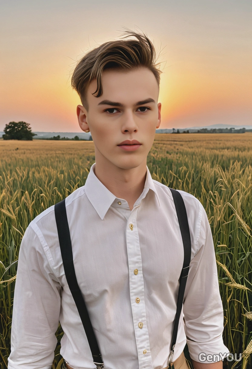 as a man in a button-down shirt and suspenders, standing alone in a wheat field at dusk, with the sun casting a golden glow over the scene