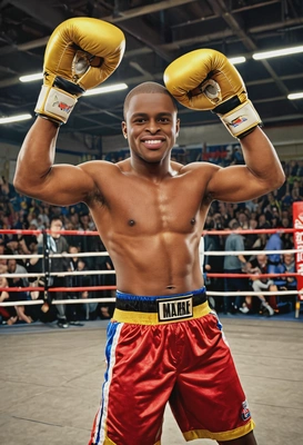 as a bouncy boxer, muscular, colorful boxing gloves, golden championship belt, hopping in a fighting stance, in a boxing rink, stalls with fans on the background, looking into the camera, smiling, bright vivid colors, symmetrical clothing details, high-quality stylized art
