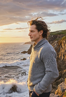 as a man in a fisherman’s sweater, standing on a cliff by the sea at sunset, with the wind tousling his hair and waves crashing below