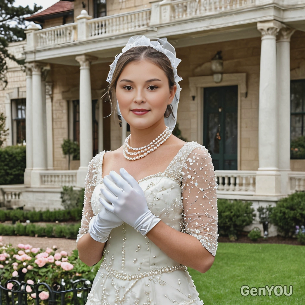 as a bride in a vintage-style dress, wearing pearls and gloves, standing in front of a historic mansion