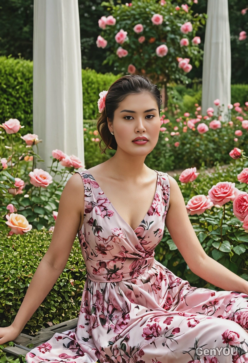 sitting in a luxurious rose garden, wearing an elegant silk summer dress