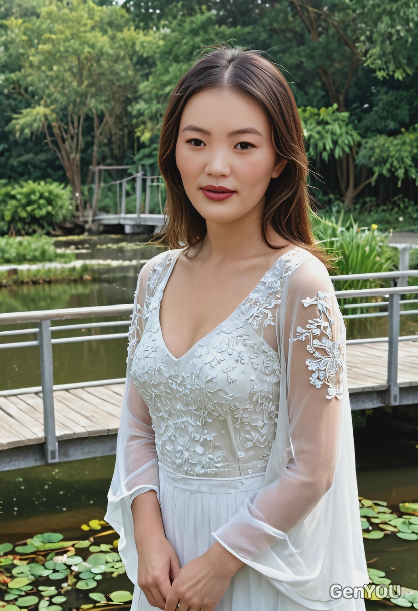 in a flowy white gown, standing on a bridge over a small pond, half body portrait 