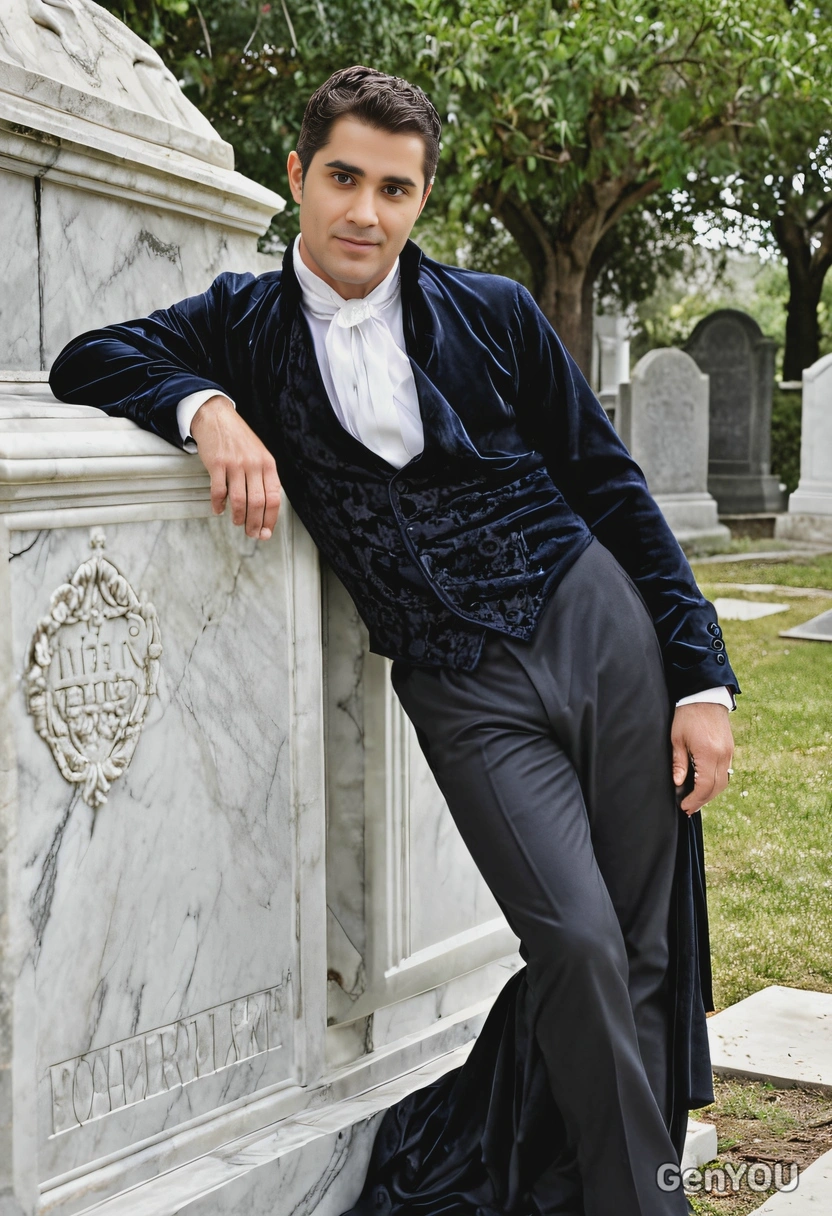 as a glamorous vampire, draped in velvet, leaning against a marble tombstone