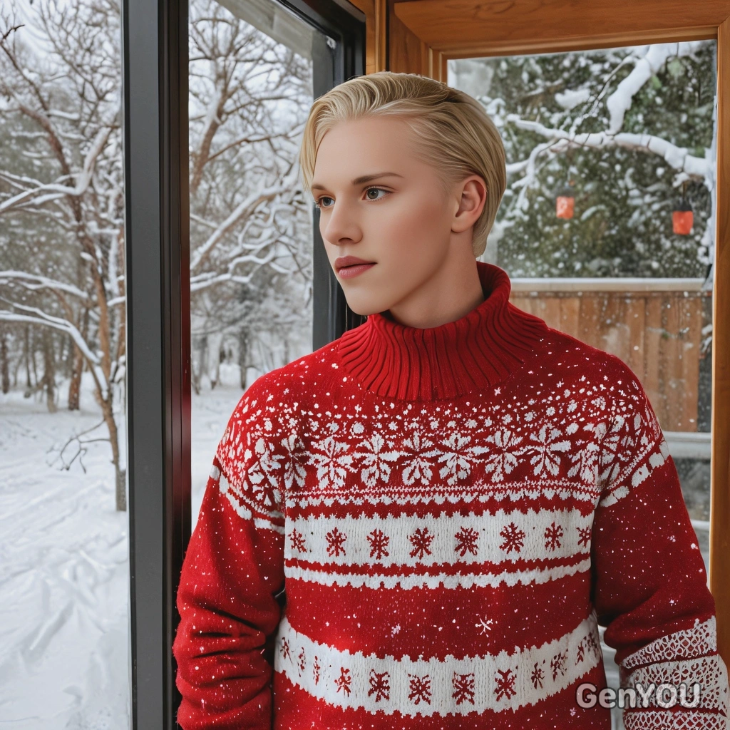dressed in a red holiday sweater, standing at a snow-covered window, looking out at a winter scene with soft lights glowing inside