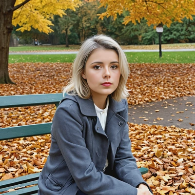 sitting on a park bench, fall leaves on the background 