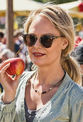 enjoying a caramelized apple at the fair, spring, bright sunlight, sunglasses, grunge style
