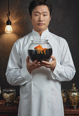 wearing white dress, holding a fishbowl with a goldfish, blurred background, dark cinematographic style