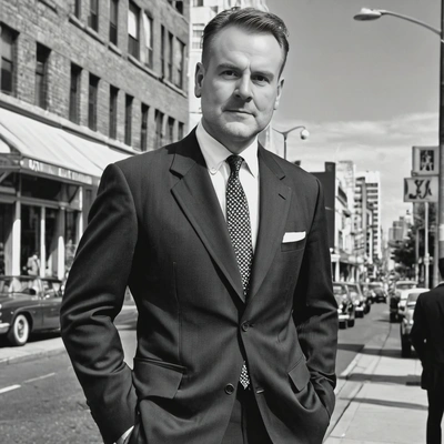 in a 1950s business suit, on a city street, captured in black and white