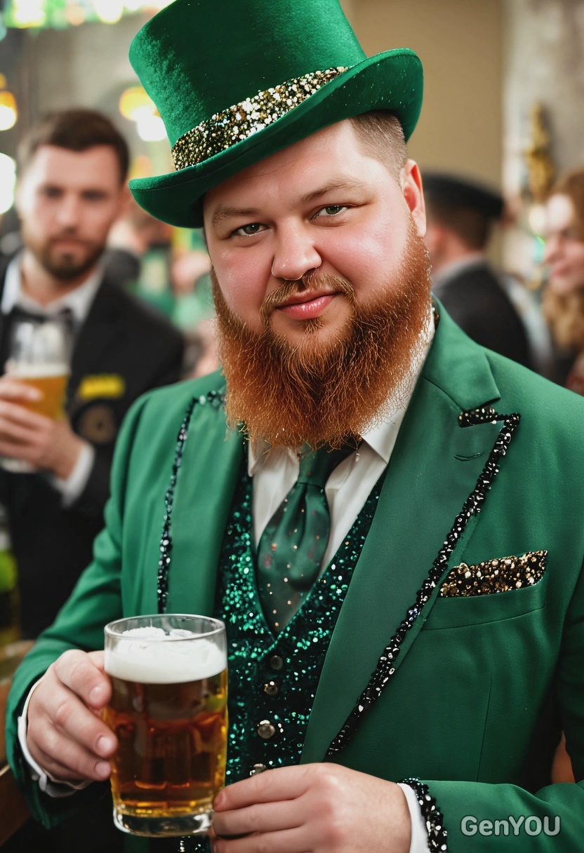 sharp skin texture details, fizzy long red beard, green suit with sequins, black hat, holding a glass of beer, blurry St Patrick crowded party background, soft lighting