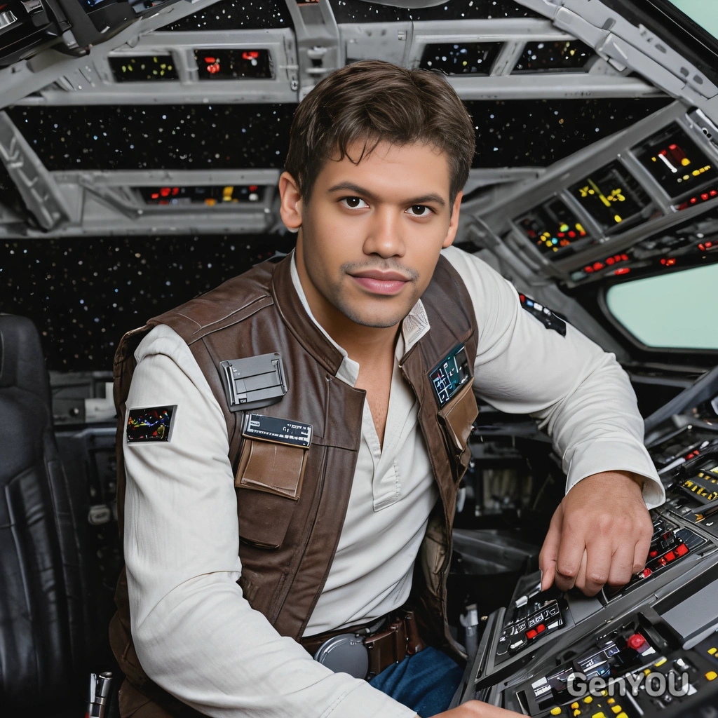 as  Han Solo, leaning against the controls of the Millennium Falcon 