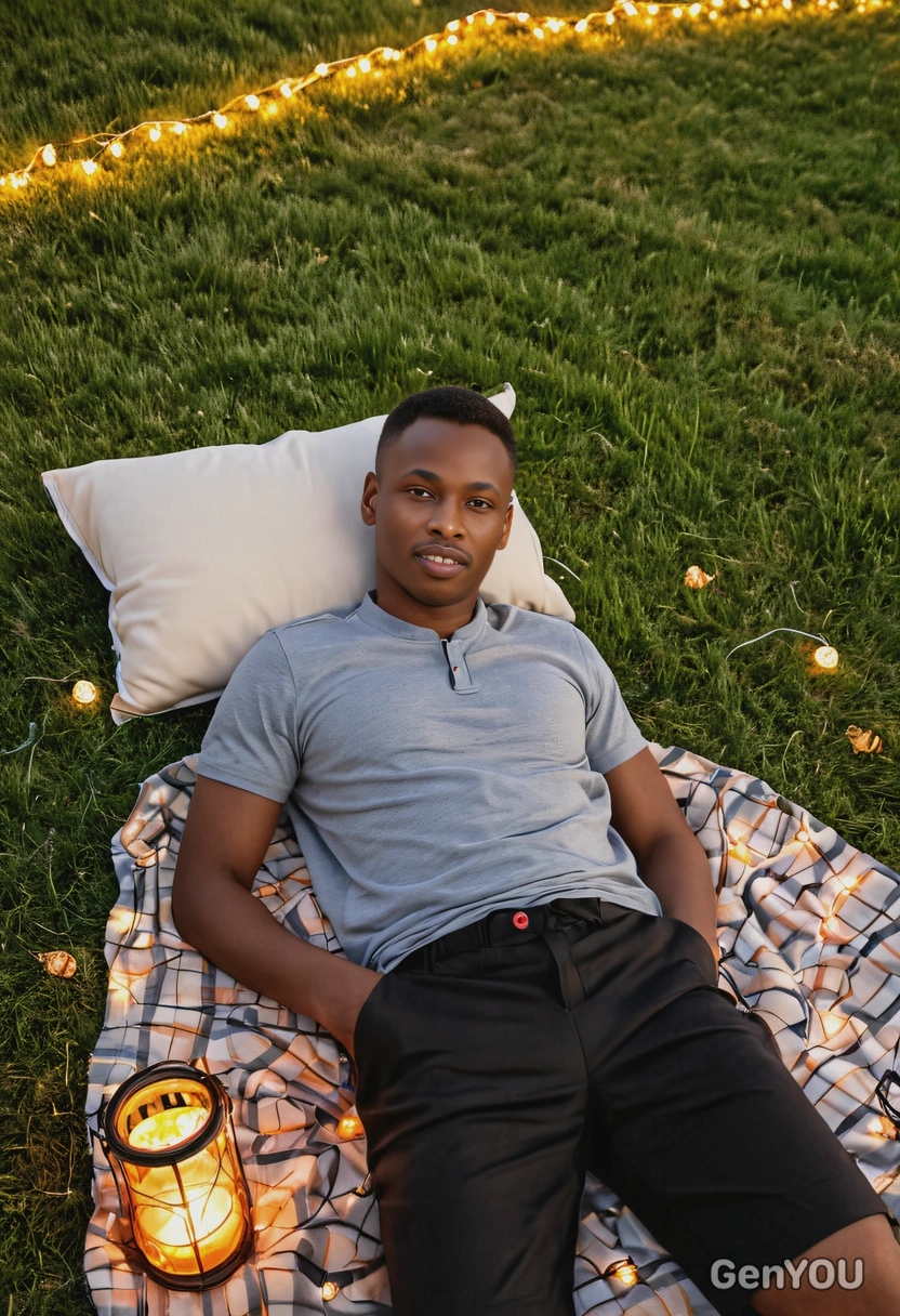 lying on a blanket in a grassy field, surrounded by twinkling fairy lights and glowing lanterns as they watch the sunset