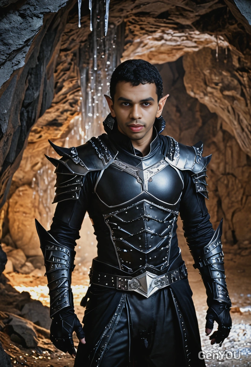 Dressed as a dark elf, in sleek black leather armor with silver details, pose stealthily in a shadowy cave lit by glowing crystals