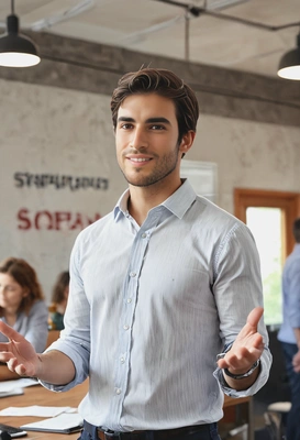 giving an inspirational speech to the team, casual outfit, startup office, blurred background,